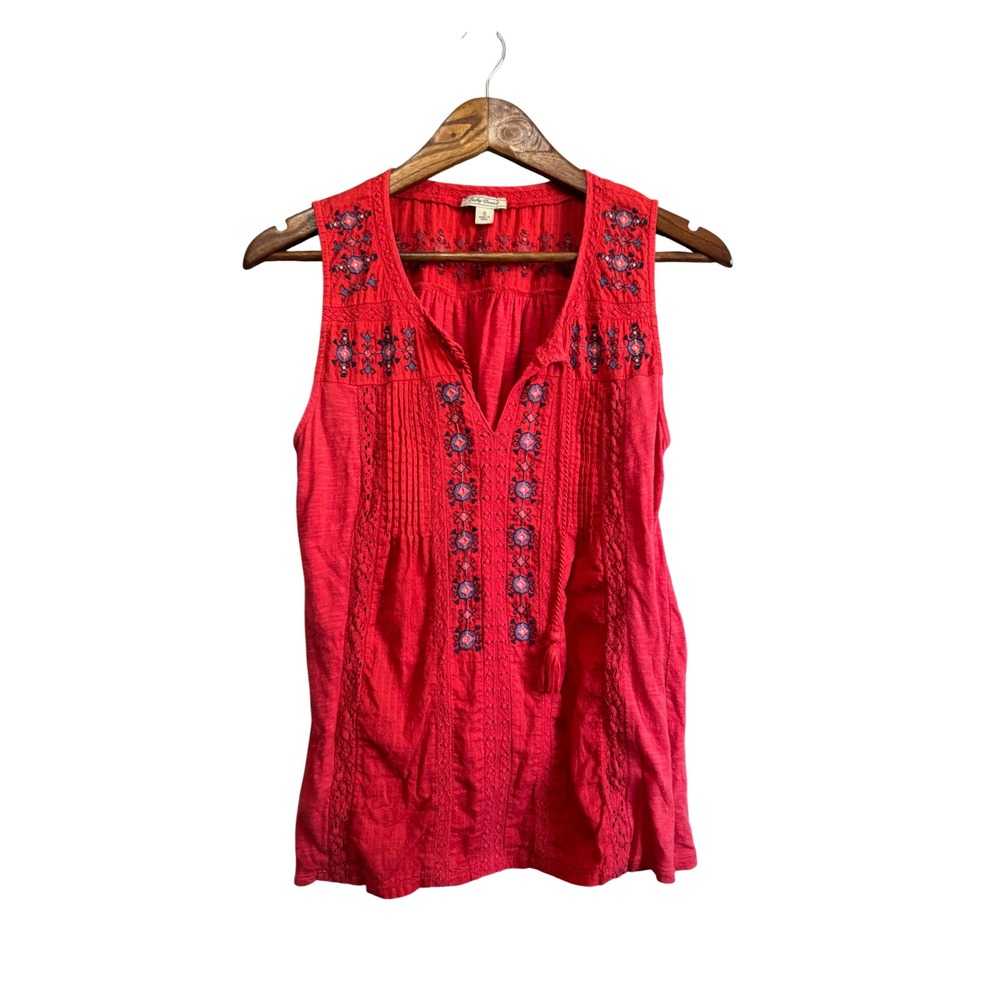 Lucky Brand Embroidered Tank Top Womens Small Red Excellent Boho Sleeveless
